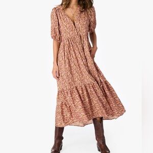 Xirena Lennox Puff Sleeve Button Front Midi Honeysuckle Dress Tiered Relax Small